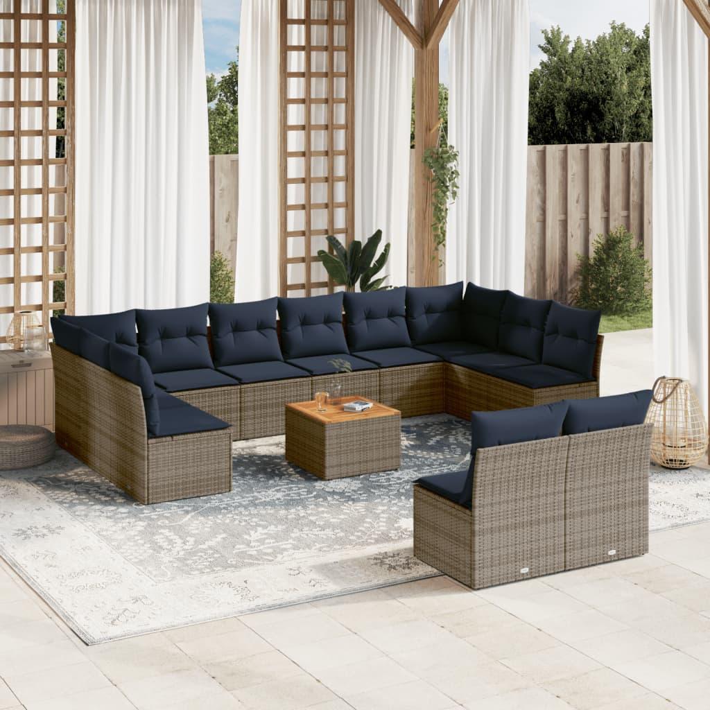 Havesofasæt i polyrattan - 13 dele med marineblå hynder, grå