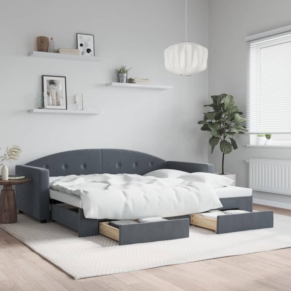 Daybed Velour Mørkegrå - med udtræk og skuffe / 90 x 190 cm