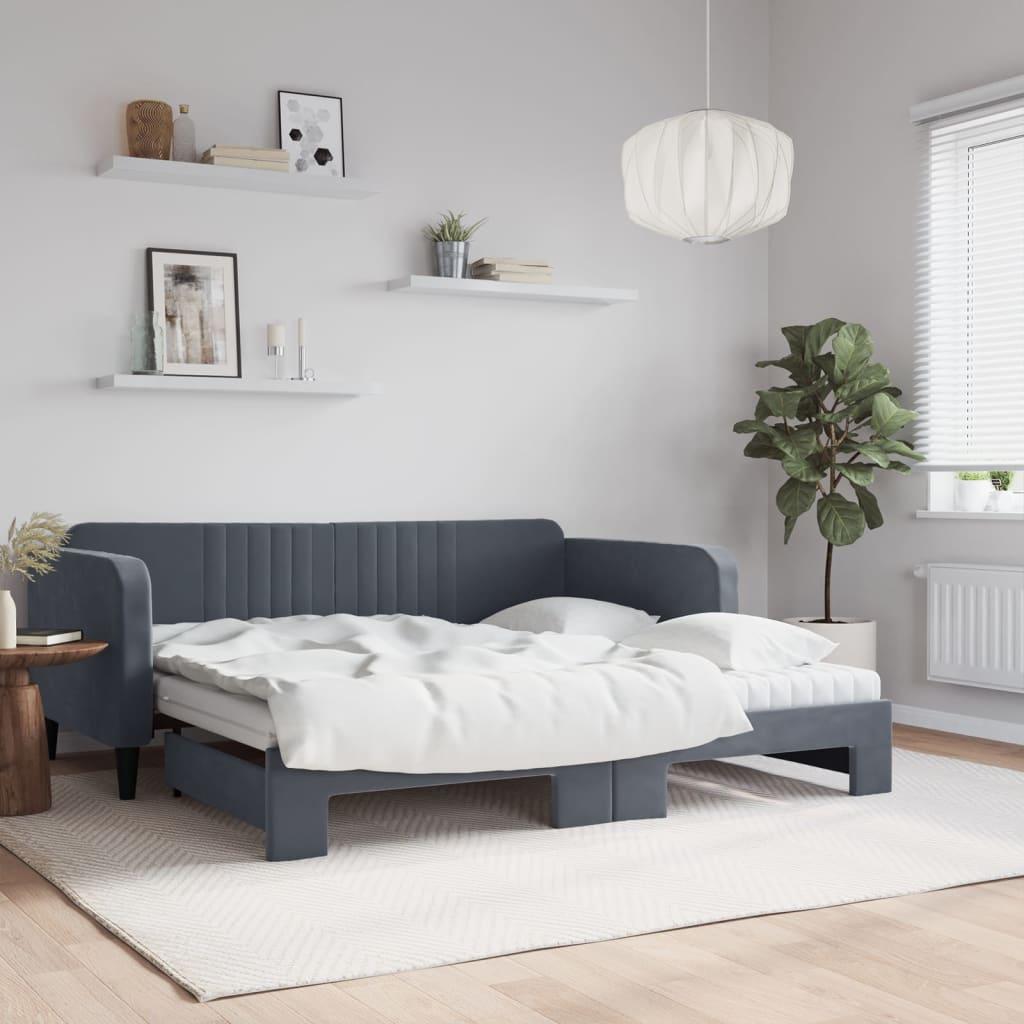 Daybed Velour Mørkegrå - med udtræk og madras / 90 x 190 cm