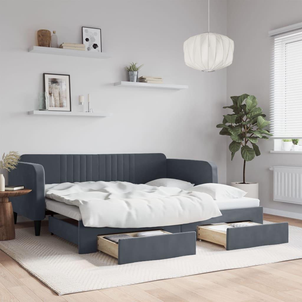 Daybed Velour Mørkegrå - med udtræk og skuffe / 90 x 190 cm