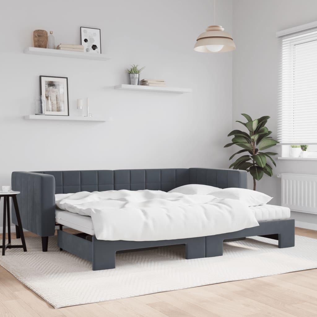 Daybed Velour Mørkegrå - med udtræk og madras / 90 x 190 cm