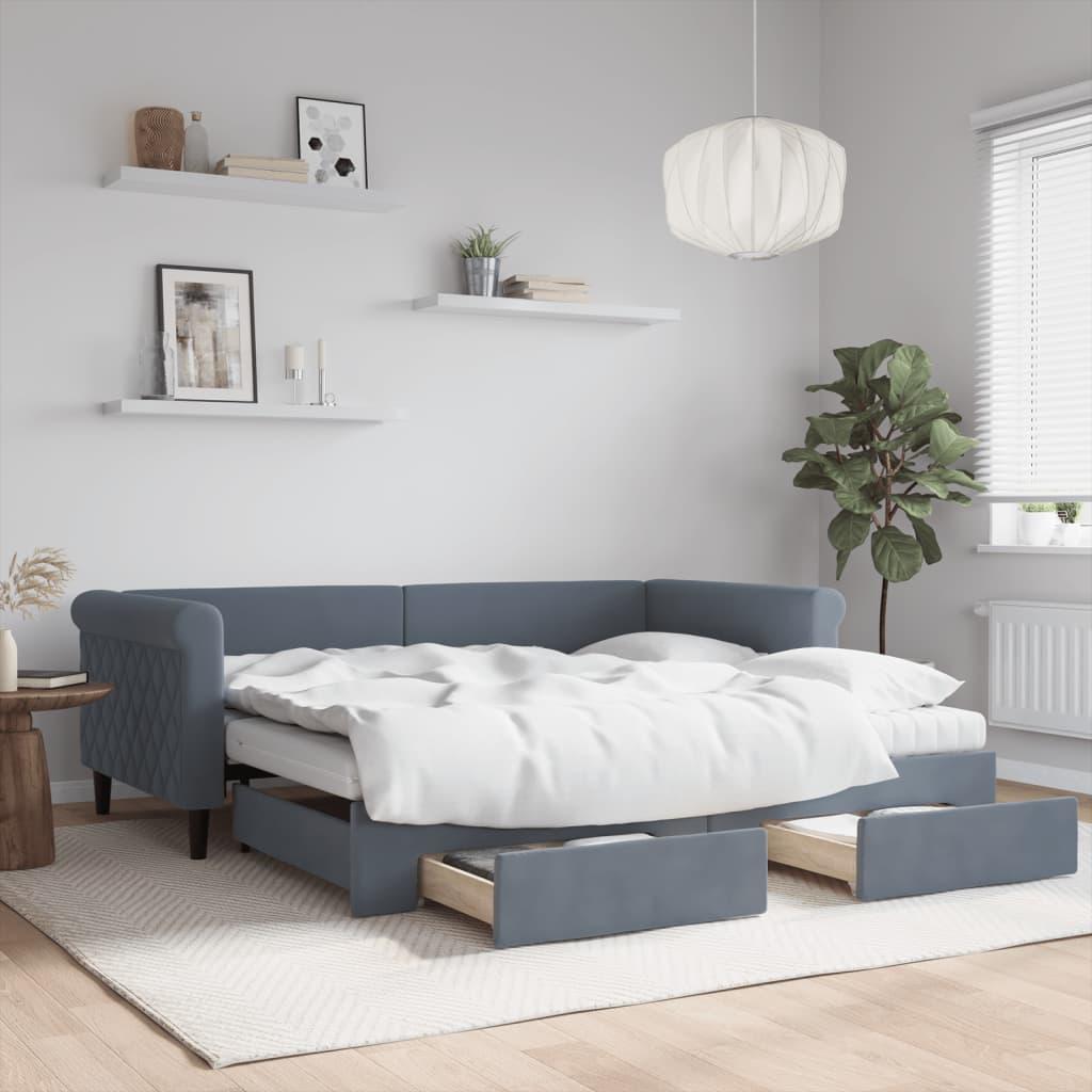 Daybed Velour Mørkegrå - med udtræk og skuffe og madras / 90 x 190 cm