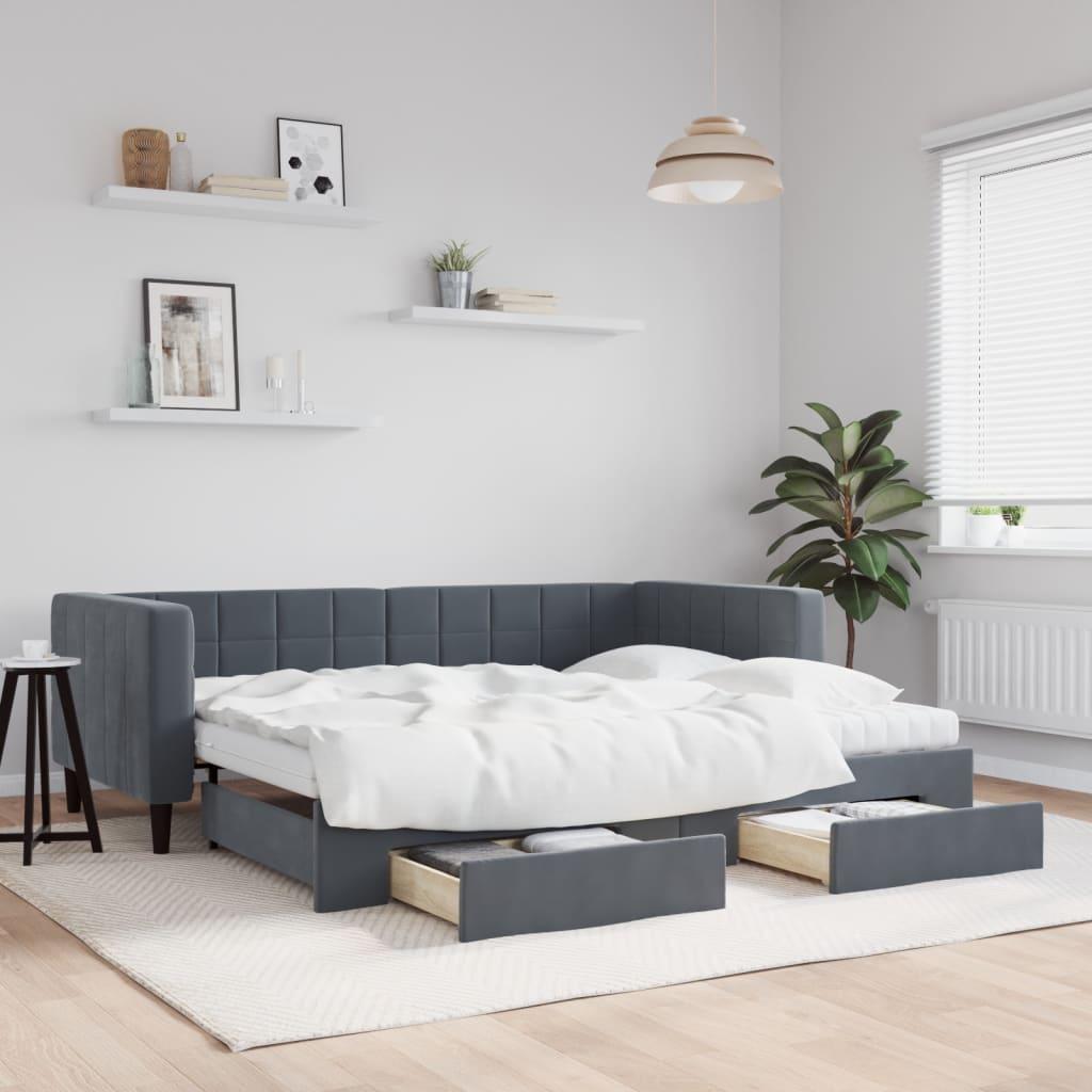 Daybed Velour Mørkegrå - med udtræk og skuffe og madras / 90 x 190 cm