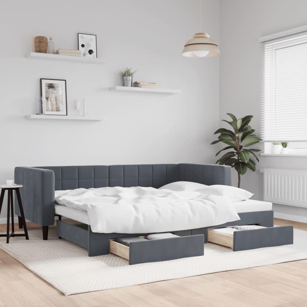 Daybed Velour Mørkegrå - med udtræk og skuffe / 90 x 190 cm