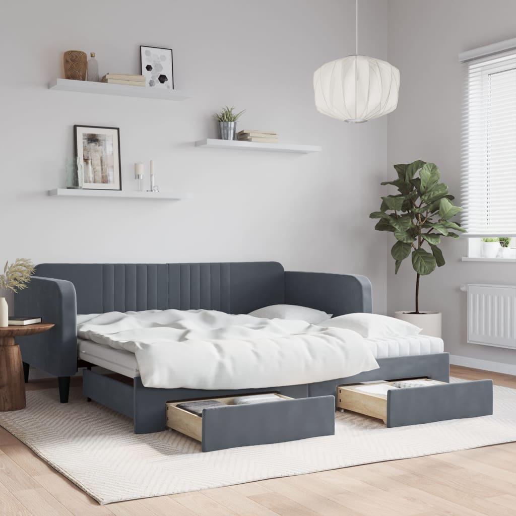 Daybed Velour Mørkegrå - med udtræk og skuffe og madras / 90 x 190 cm