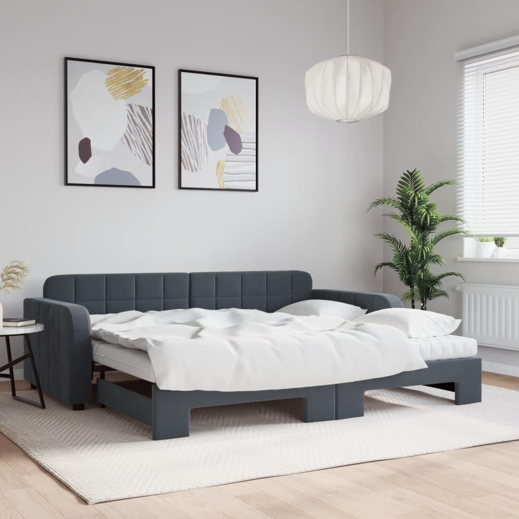 Daybed Velour Mørkegrå - med udtræk og madras / 90 x 190 cm