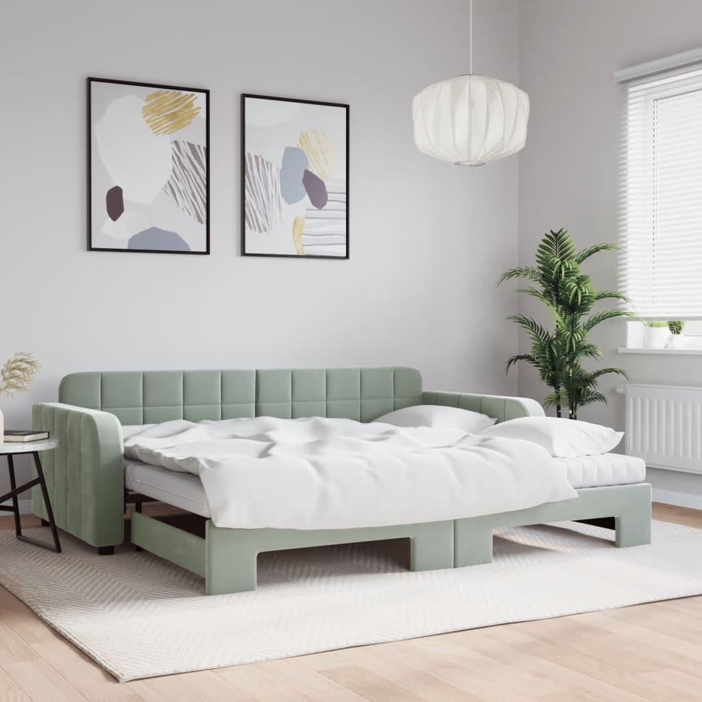 Daybed Velour Lysegrå - med udtræk og madras / 90 x 190 cm