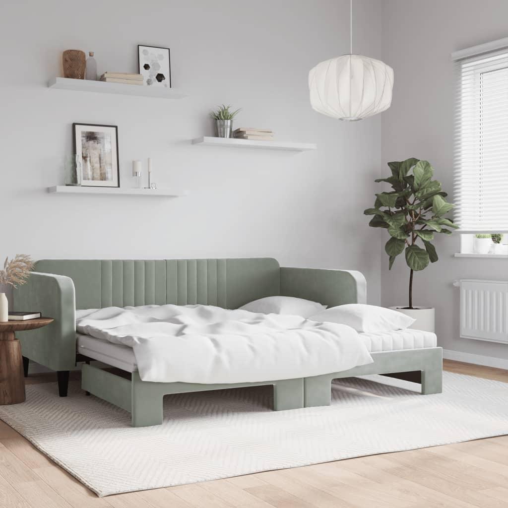 Daybed med udtræk og madras 90x190 cm velour lysegrå