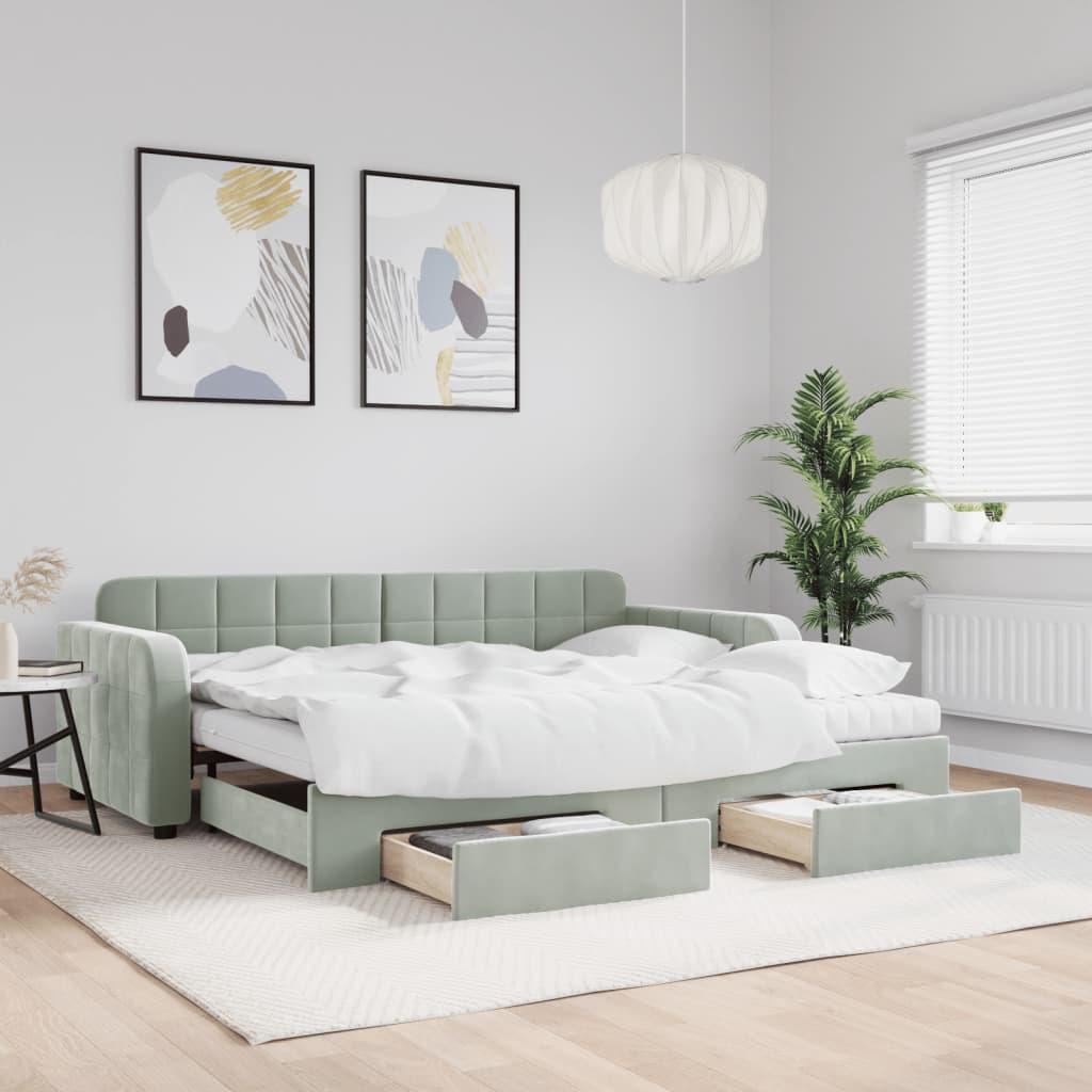 Daybed Velour Lysegrå - med udtræk og skuffe og madras / 90 x 190 cm