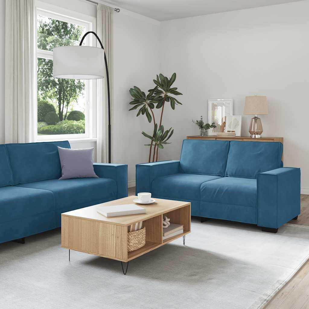 Sofasæt i velour - 3 dele med hynder, blå