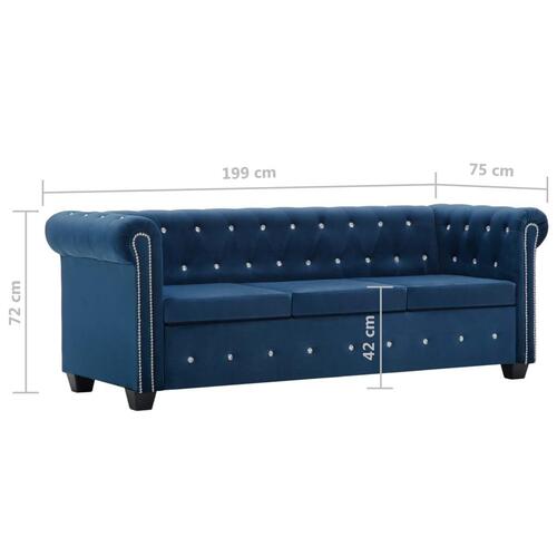 3-personers chesterfieldsofa fløjlsbetræk 199 x 75 x 72 blå
