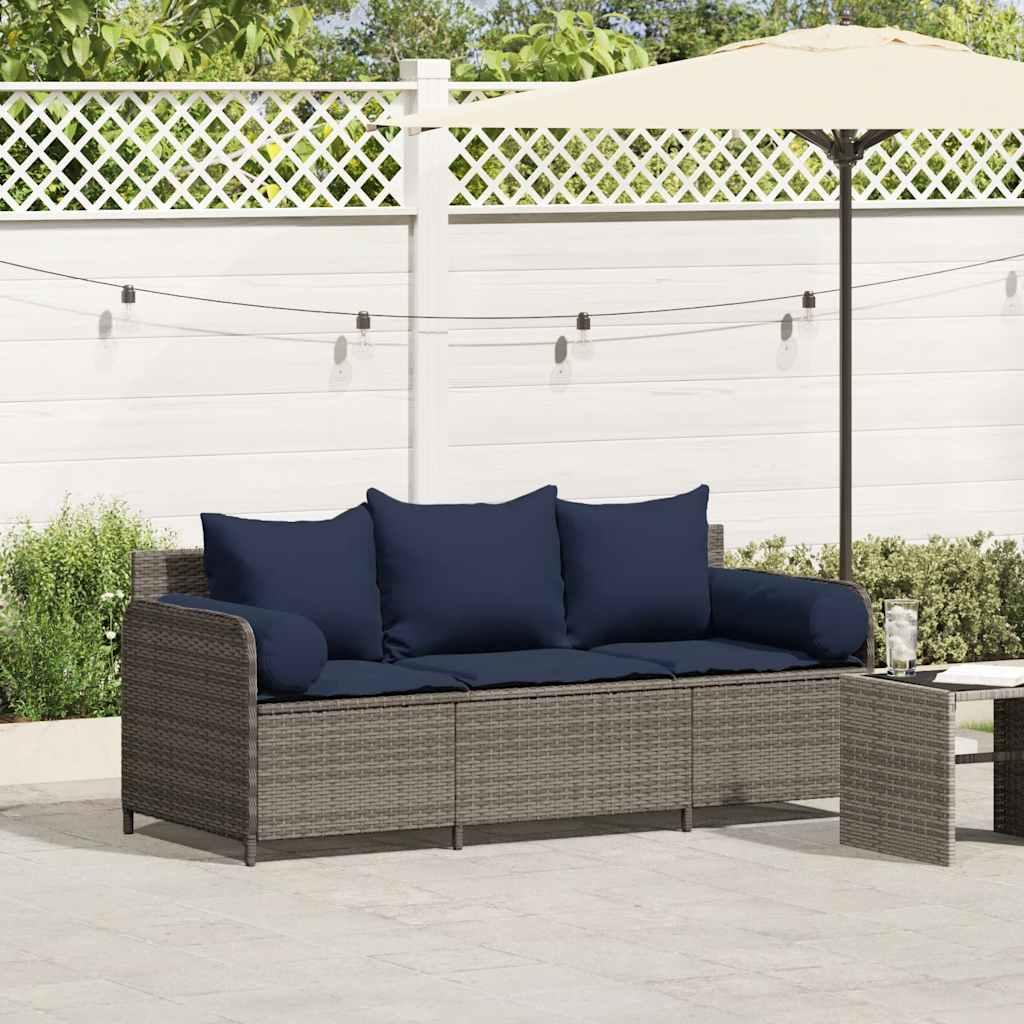 3-Personers Havesofa Med Hynder Polyrattan - Grå / Marineblå