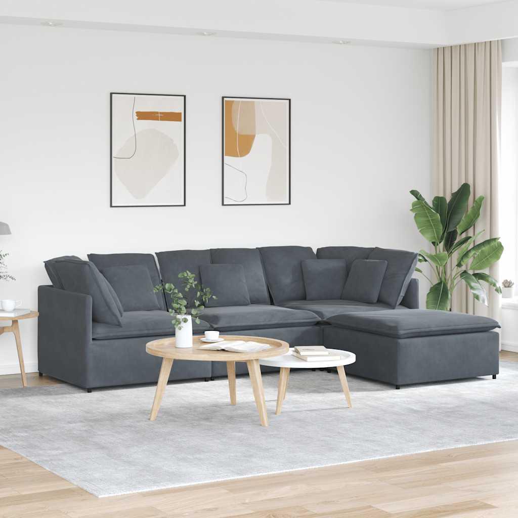 Modulsofa Med Fodskammel Og Hynder Fløjl - Mørkegrå