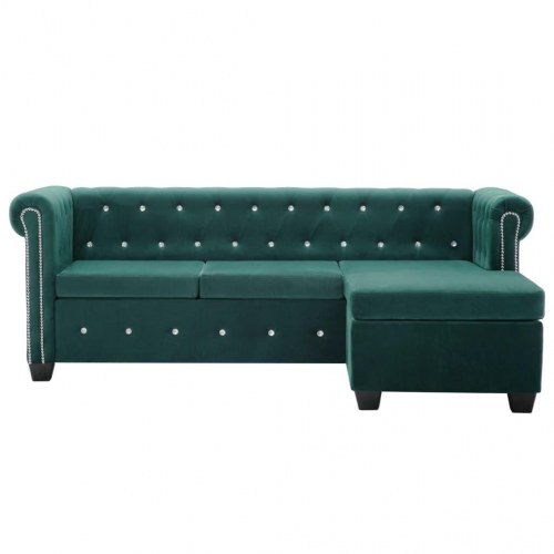 L-formet chesterfieldsofa fløjlsbeklædning 199 x 142 x 72 cm grøn
