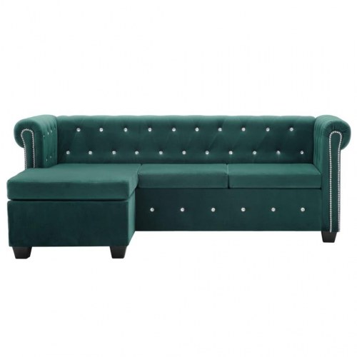 L-formet chesterfieldsofa fløjlsbeklædning 199 x 142 x 72 cm grøn