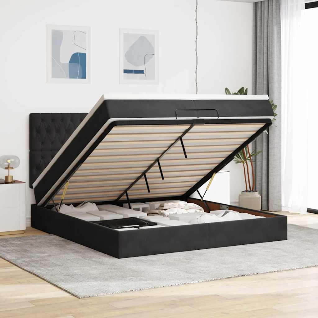 Osmannisk sengeramme med madrasser 200x200 cm - fløjl, sort, med LED-lys og opbevaring