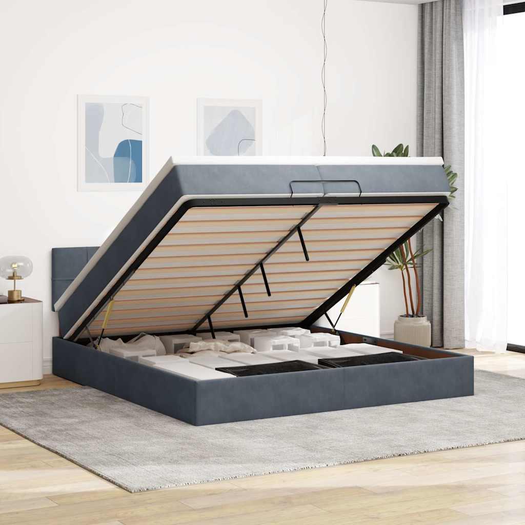 Osmannisk Sengeramme Med Madras Fløjl Mørkegrå - Blok med firkanter / 200 x 200 cm