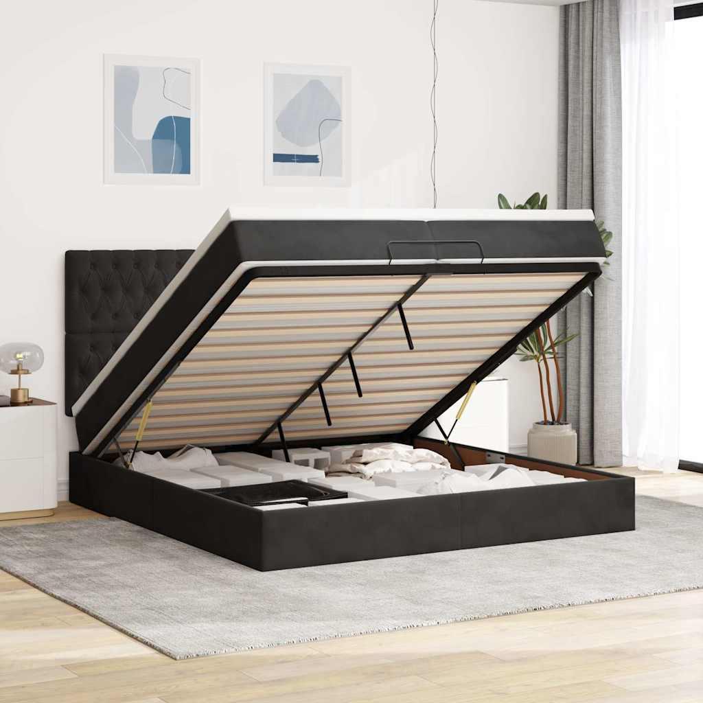 Osmannisk sengeramme med opbevaring og madrasser 200×200 cm - fløjl, sort