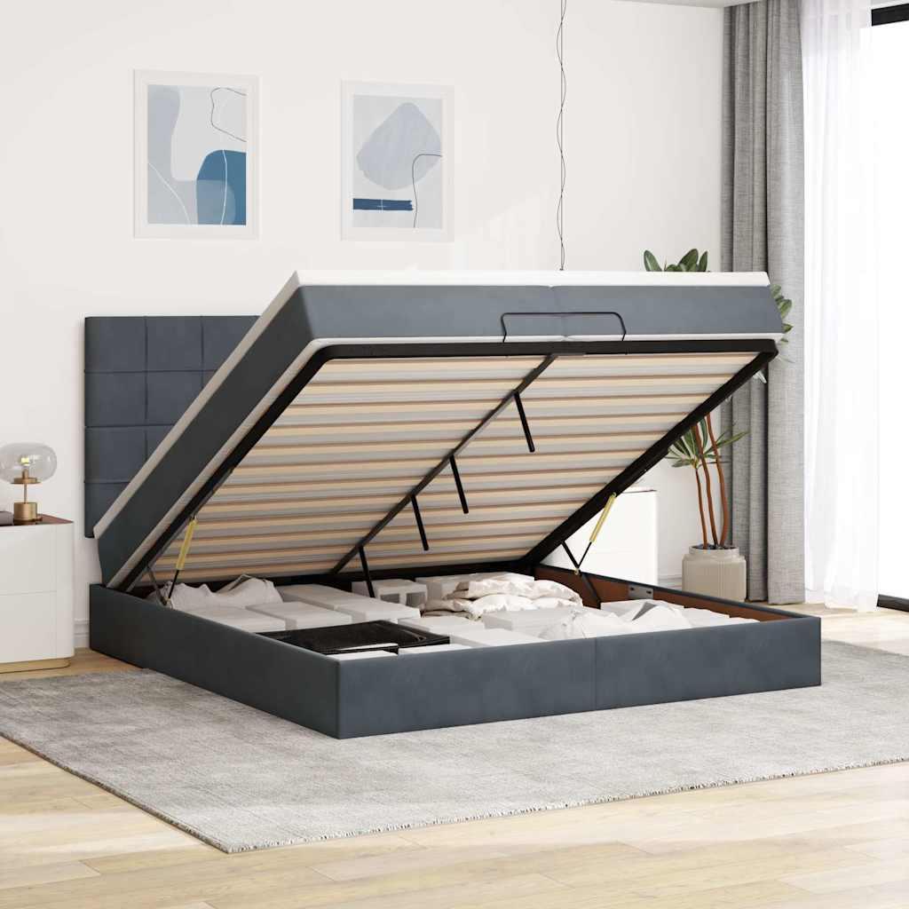 Osmannisk Sengeramme Med Madrasser Fløjl Mørkegrå - Blok med firkanter / 200 x 200 cm