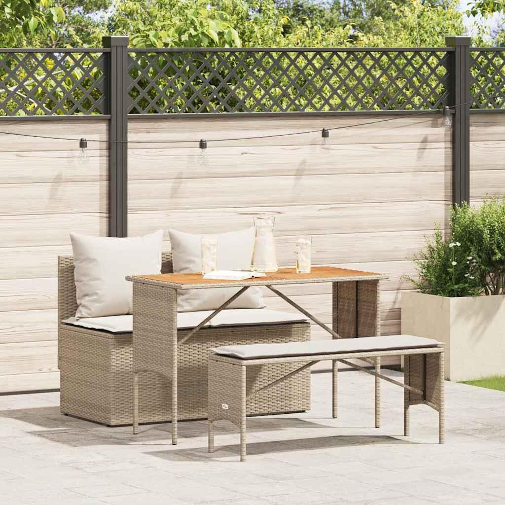 Spisebordssæt Til Haven 3 Dele Med Hynder Polyrattan - beige og cremehvid / Massivt akacietræ