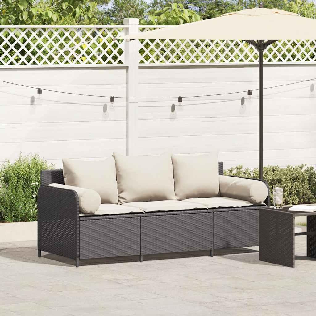 3-Personers Havesofa Med Hynder Polyrattan - Sort / Cremefarvet