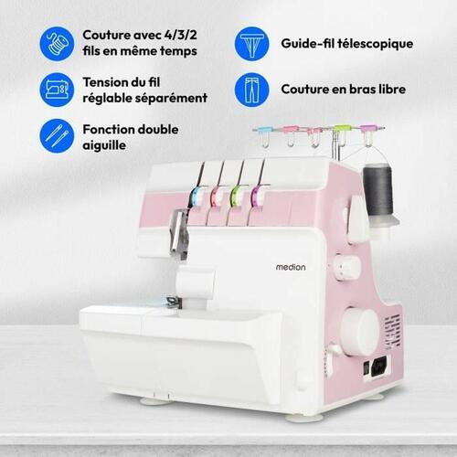Overlock symaskine Medion - hvid/pink, LED-lys