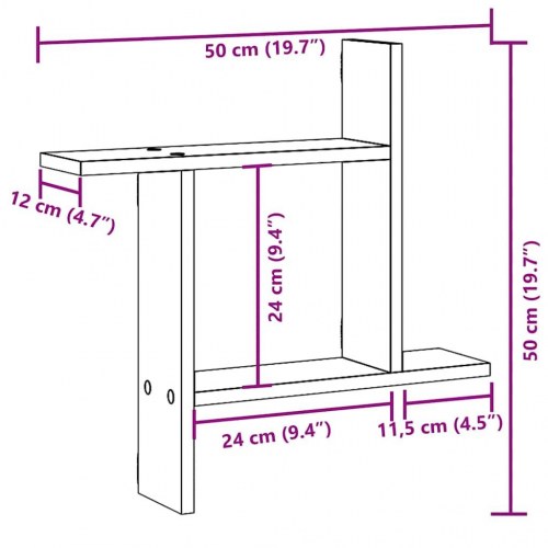 Væghængte kubehylder - 2 stk., 50 × 12 × 50 cm, konstrueret træ, sort eg