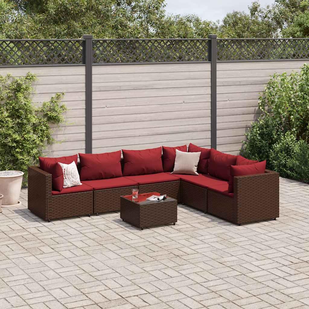 Loungesæt Til Haven 6 Dele Med Hynder Polyrattan Brun - Brun og rød / 3x hjørnedel 3x midterdel bord