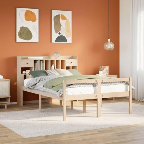 Seng med reol 140x190 cm - massivt fyrretræ, lamelbund og fodgærde