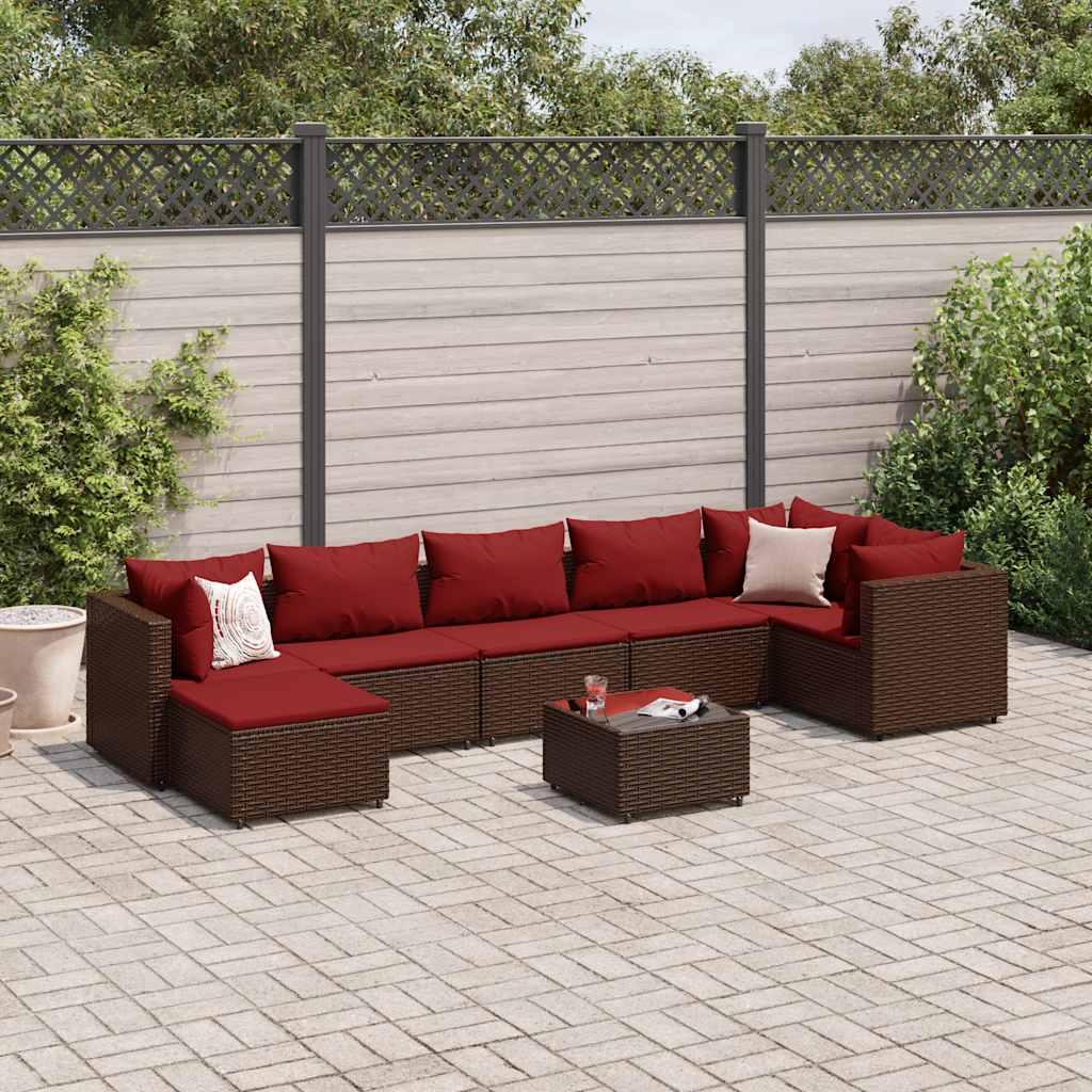 Loungesæt Til Haven 7 Dele Med Hynder Polyrattan - Brun og rød / 3x hjørnedel 3x midterdel bord fodskammel