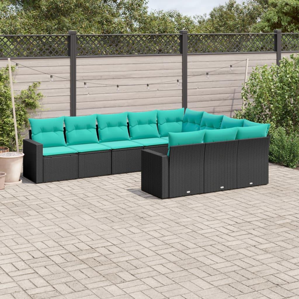 Sofasæt Til Haven 10 Dele Med Hynder Polyrattan Sort - Sort og blå / Uden bord
