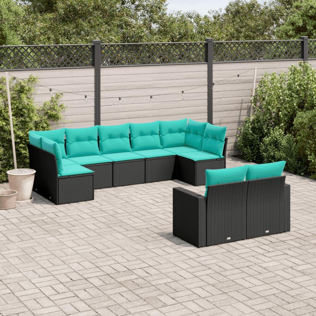 Sofasæt til haven i polyrattan - 9 dele, sort med blå hynder