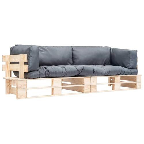 Sofasæt til haven 2 dele med grå hynder træpaller fyrretræ