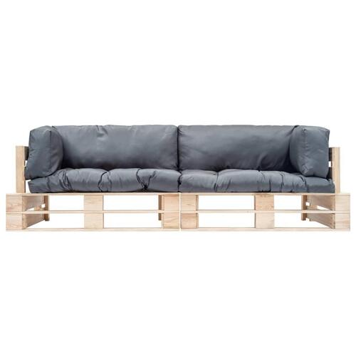 Sofasæt til haven 2 dele med grå hynder træpaller fyrretræ