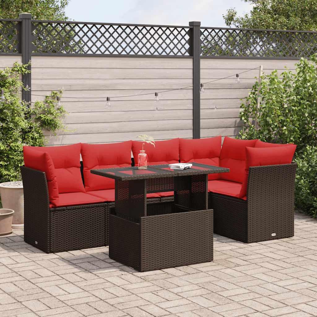 Sofasæt til haven - 6 dele med hynder og bord i polyrattan, brun/rød