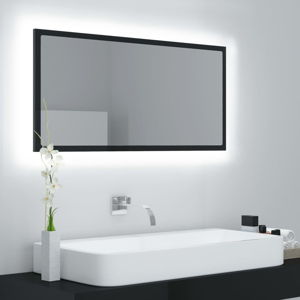 Badeværelsesspejl med LED-lys 90x8,5x37 cm akryl sort højglans
