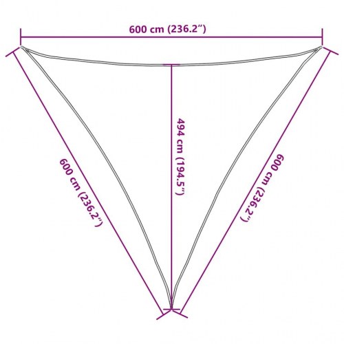 Solsejl trekantet 6 x 6 x 6 m - HDPE 160 g/m², sandfarvet