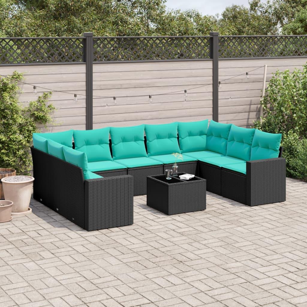 Sofasæt Til Haven 10 Dele Med Hynder Polyrattan Sort - Sort og blå / Med bord