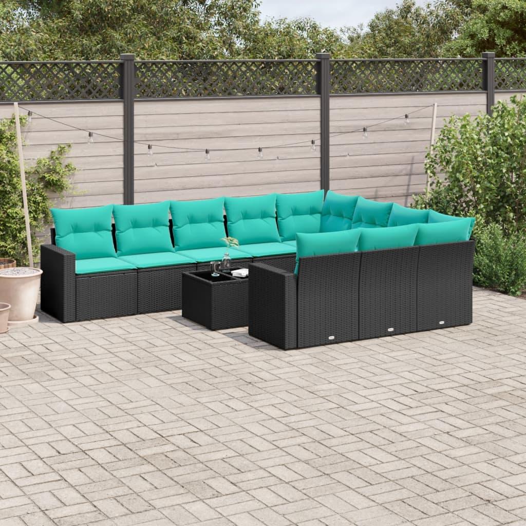 Sofasæt Til Haven 10 Dele Med Hynder Polyrattan Sort - Sort og blå / Med bord