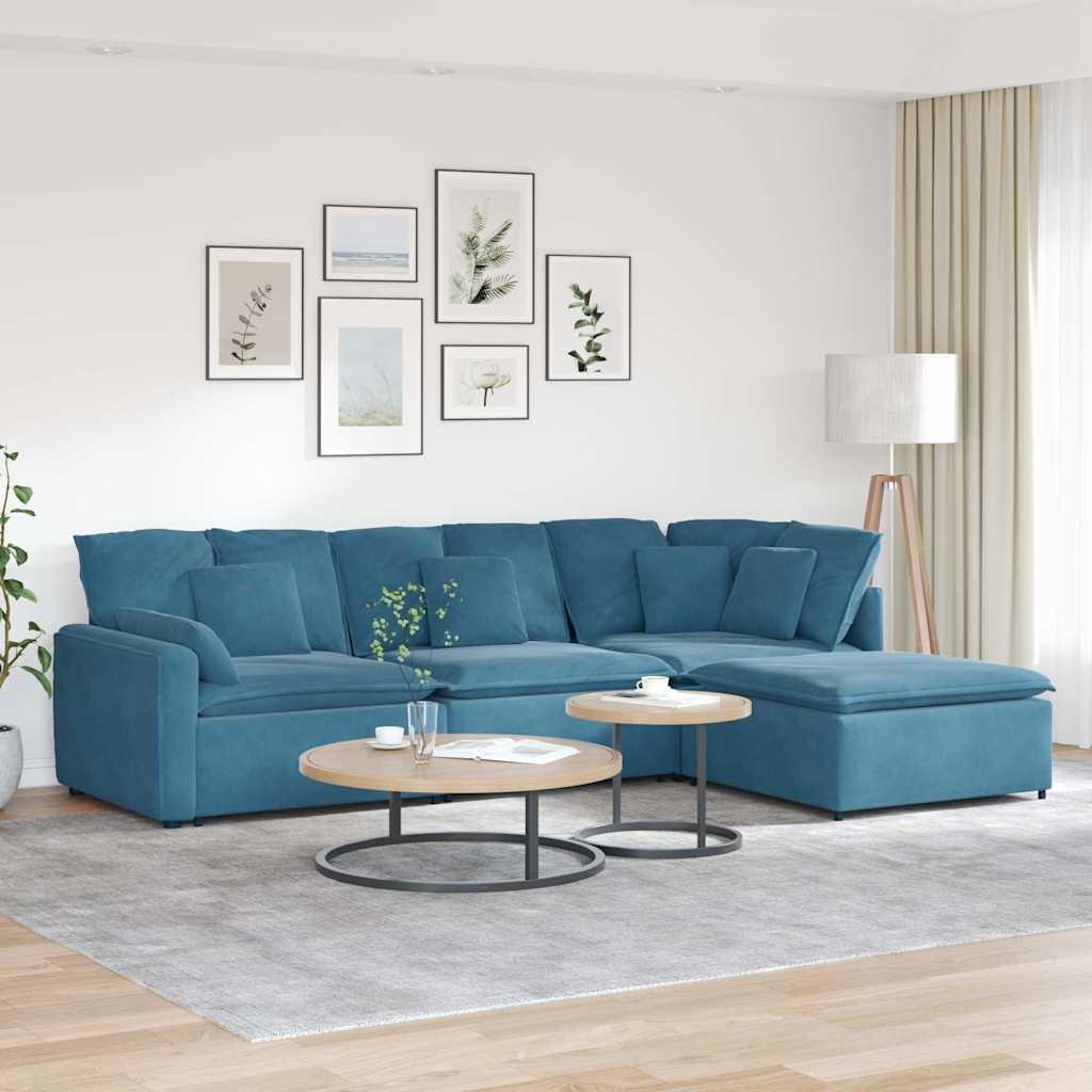 Modulsofa med fodskammel og hynder fløjl blå