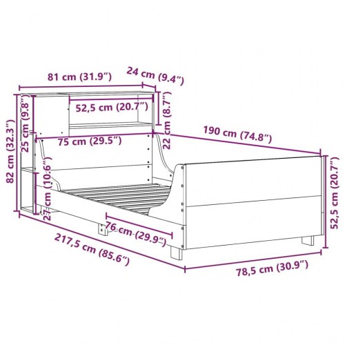 Sengeramme 75x190 cm i massivt fyrretræ - hvid med opbevaringsgavl
