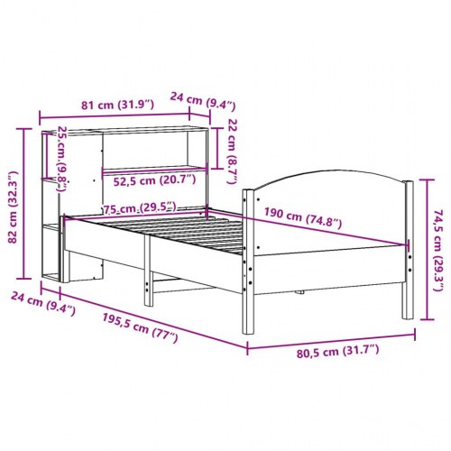Seng med reol 75×190 cm - massivt fyrretræ, hvid (uden madras)
