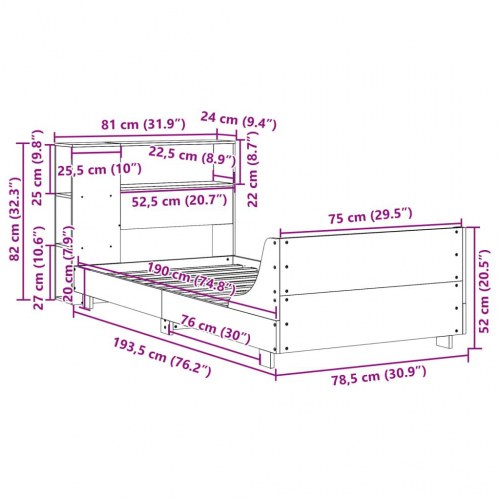 Sengeramme med opbevaring 75×190 cm - massivt fyrretræ, hvid