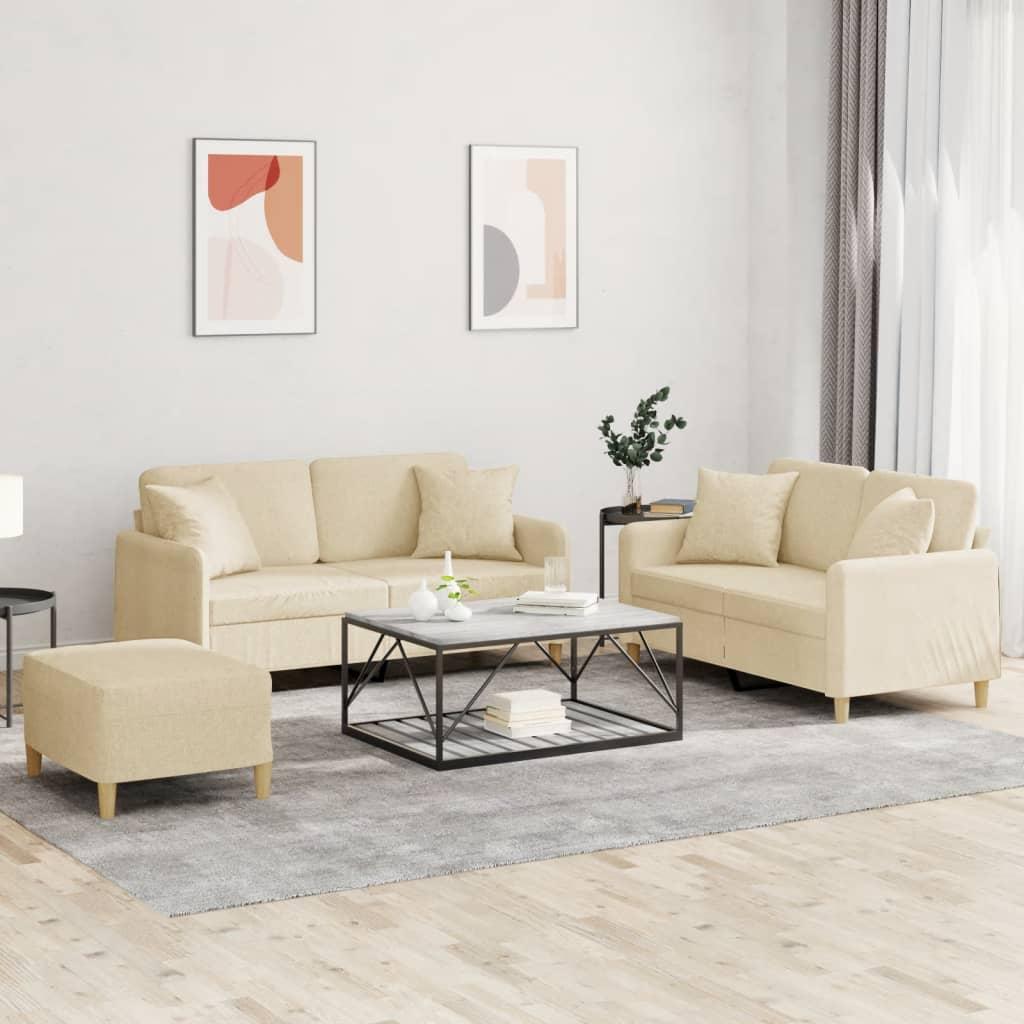 Sofasæt 3 dele med puder stof cremefarvet