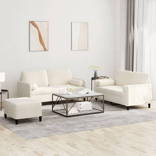 Sofasæt i velour - 3 dele med puder og fodskammel, cremefarvet