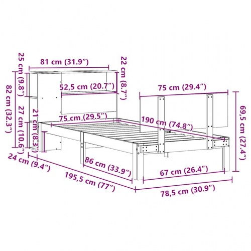 Seng med reol 75x190 cm i massivt fyrretræ hvid