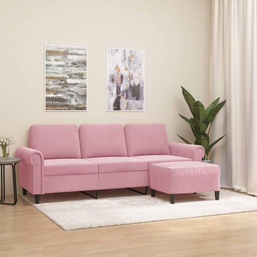 3-personers sofa med fodskammel - 180 cm velour, lyserød