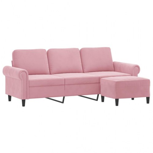 3-personers sofa med fodskammel - 180 cm velour, lyserød