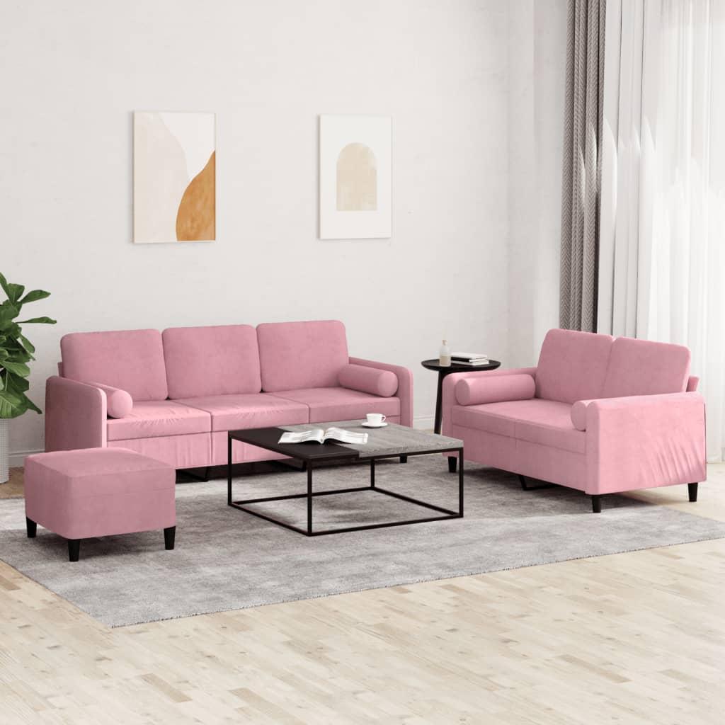 Sofasæt i velour - 3 dele med puder og fodskammel, lyserød