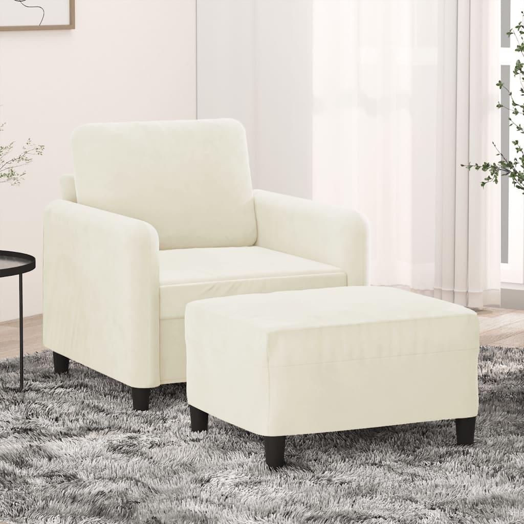 Sofastol med fodskammel i velour - 60 cm, cremefarvet
